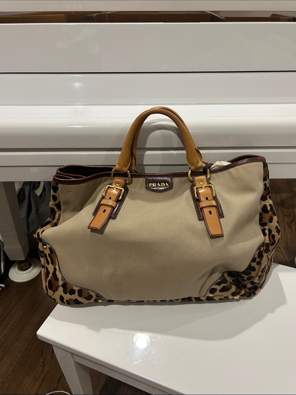 Prada Beige Canvas Tote with Leopard Trim and Tan Leather Handles